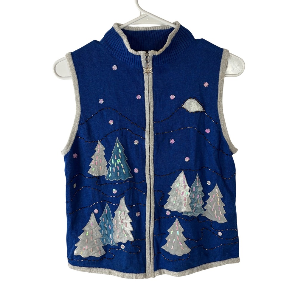 Hampshire Studio Snow Blue Christmas‎ Sweater Vest Petite Medium Trees Sequins